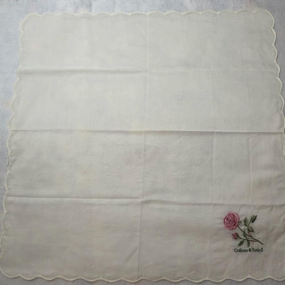 Vtg CRABTREE & EVELYN Scarf Handkerchief Rose Embroidered Cotton Cream 16"